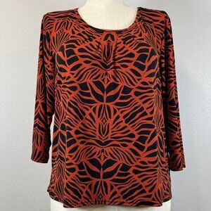 Dressbarn Womens Size 18/20 Orange Abstract Top 3/4 Sleeve Pleated Neck Tribal